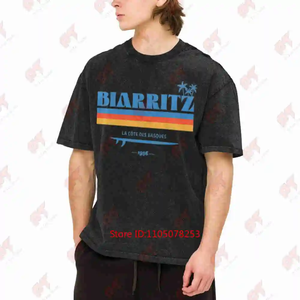 Biarritz Surfer France Basque Country Retro Surfboard Vintage Washed Tee Pure Cotton T-Shirt