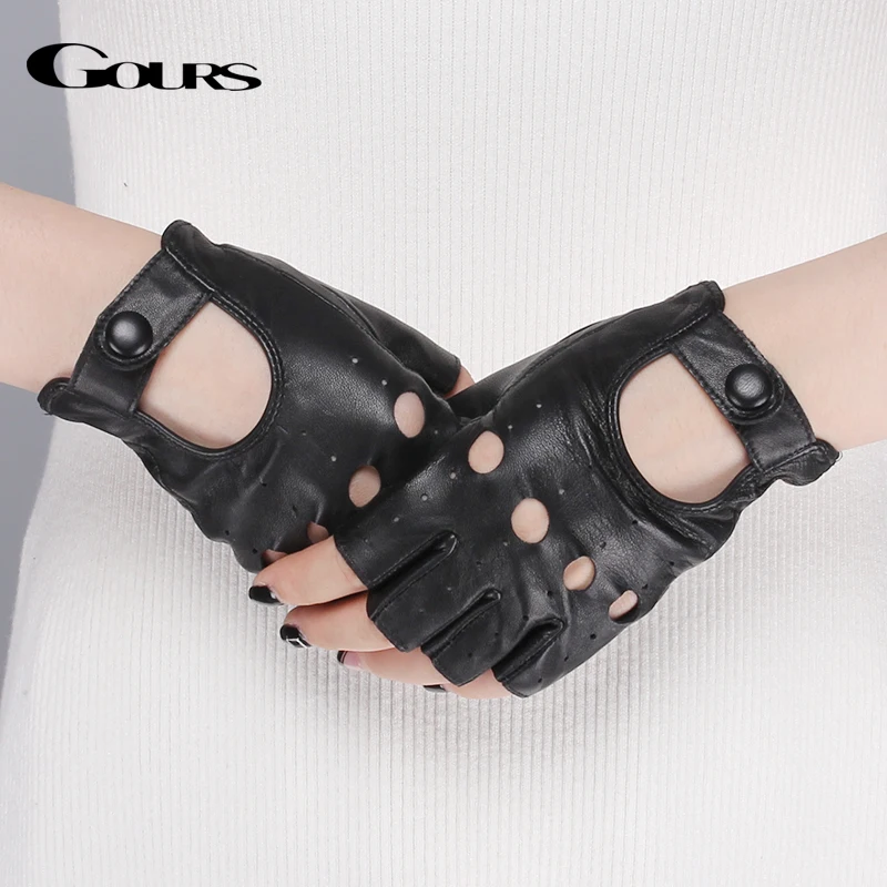 GOURS Winter Real Leather Gloves Women Black Genuine Goatskin Fingerless Gloves Unlined Driving Gym Fitness Gloves New GSL061