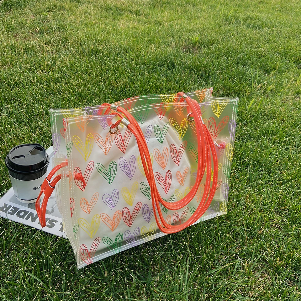 Heart Pattern Transparent Pvc Shoulder Bag Large Capacity 2pieces Composite Tote for Women Summer Clear Waterproof Beach Pouch