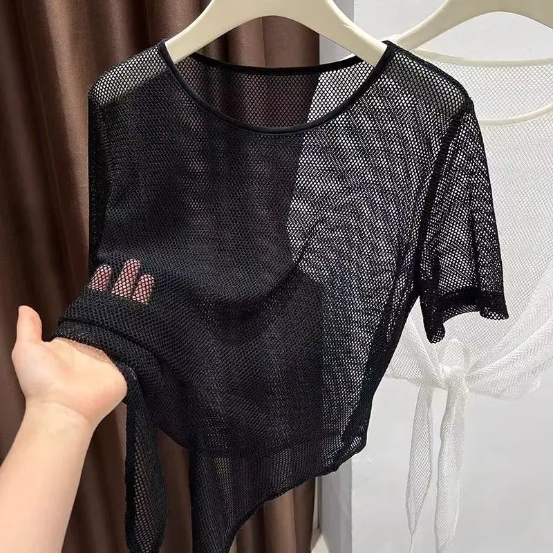 Sexy Women's Fishnet Transparent Tee Tops T-shirt Casual Summer Short  Sleeve O Neck Solid Black White T Shirt Female Clothing