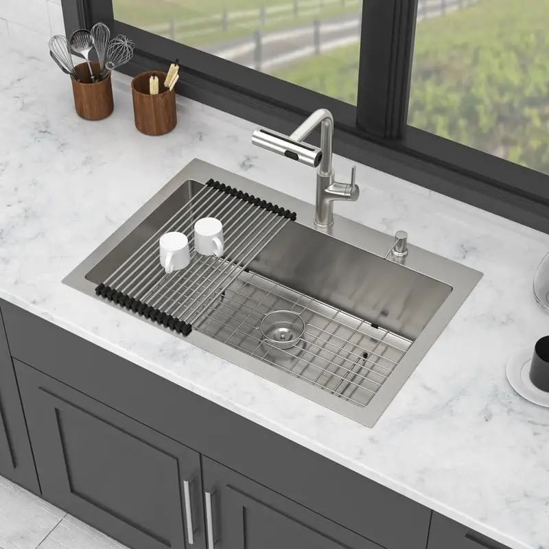 

33" Drop-in Single Bowl Kitchen Sink with Pull-out Faucet & Soap Dispenser - 16 Gauge SS Topmount Basin 33 x 22 x 10 inch