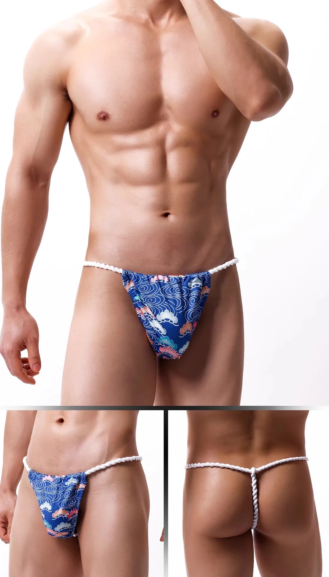 Fundoshi اليابانية للرجال - ثونغ على شكل حرف T من الخلف قابل للتنفس مع نمط حبل تقليدي، ملابس داخلية منخفضة الارتفاع مستوحاة من السومو