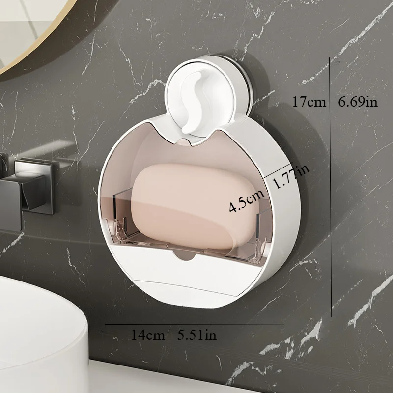 No Drill Installation Wall Mounted Soap Box with Lid Drainable Round Soap Box Dustproof Bathroom Organiser