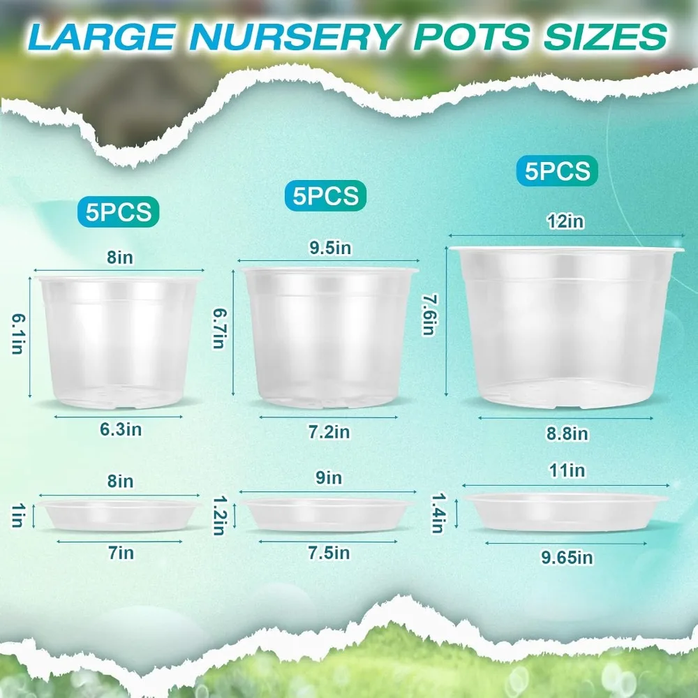 15 Pack Clear Nursery Pots 8/10/12 Inch with Saucers, Plastic Planters with Drainage for Indoor Outdoor Use
