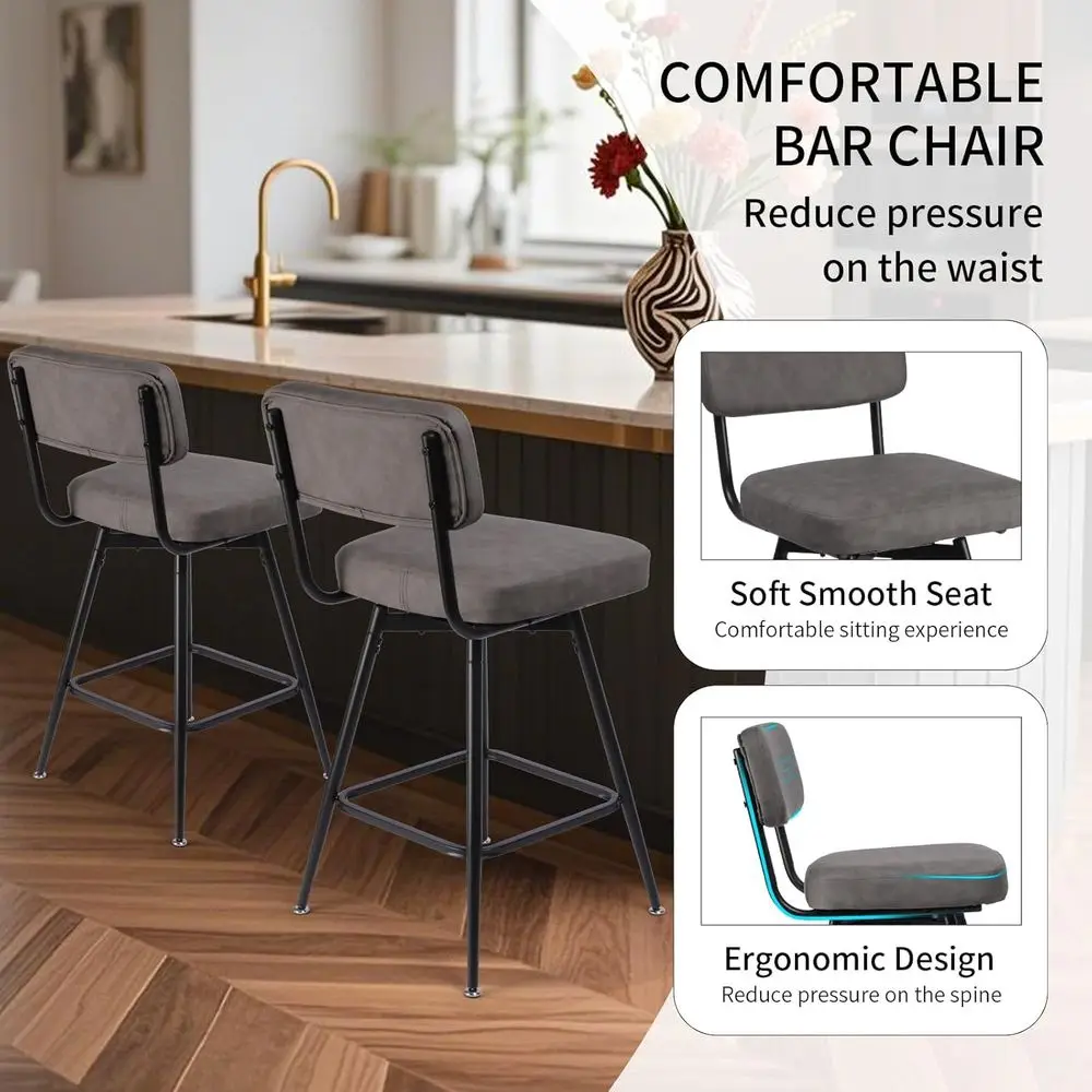 Sepasang Kursi Bar Putar Kulit Imitasi Abu-abu & Hitam dengan Sandaran, Kaki Logam, Tinggi Dudukan 26 inci untuk Pulau Dapur dan Bar Rumah