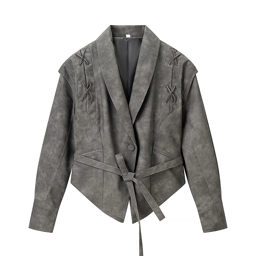 Fashionable Retro Leather Jacket Coat Turn-down Collar Belted Cross-border Style Women's Short Length Loose Fit Long Sleeve