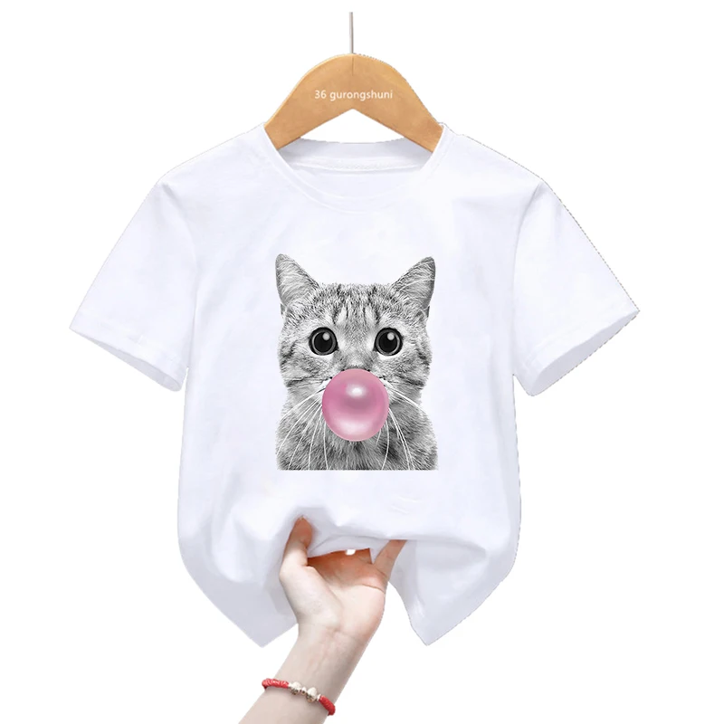 Kawaii Dog/Cat/Rabbit/Cow/Elephant/Duck/Tiger Blow Bubbles Animal Print T Shirt Girls/Boys Harajuku Kawaii Kids Clothes T-Shirt