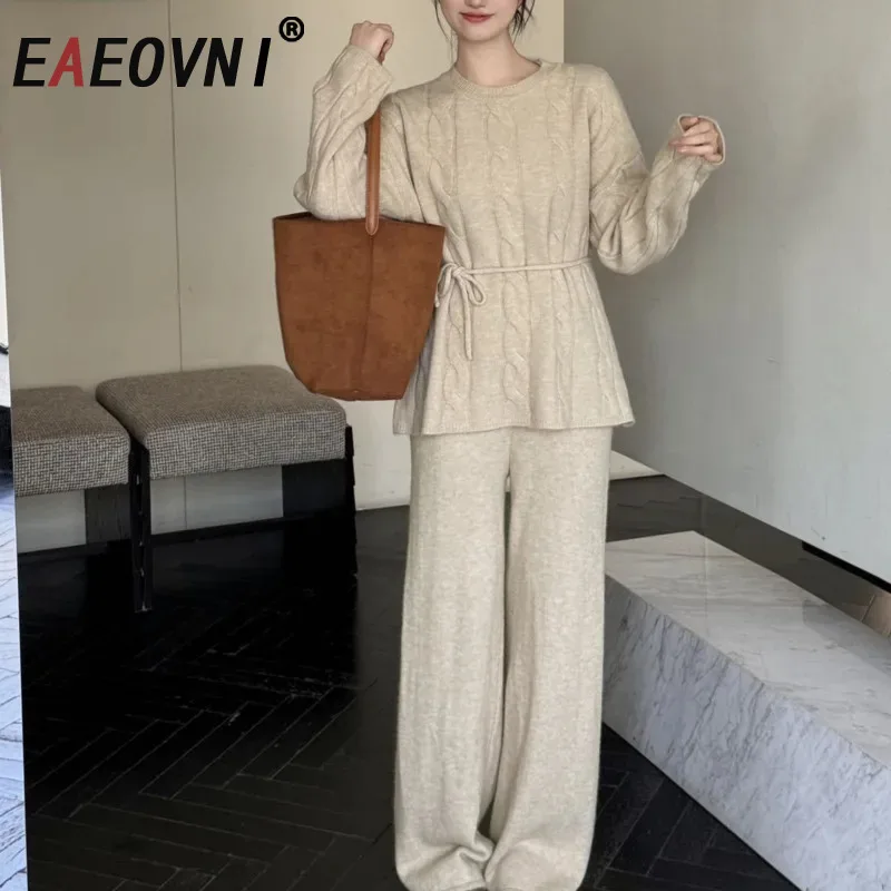 

EAEOVNI осенне-зимний новый вязаный комплект, женский повседневный однотонный свитер на шнуровке + длинные брюки, офисная женская повседневная одежда