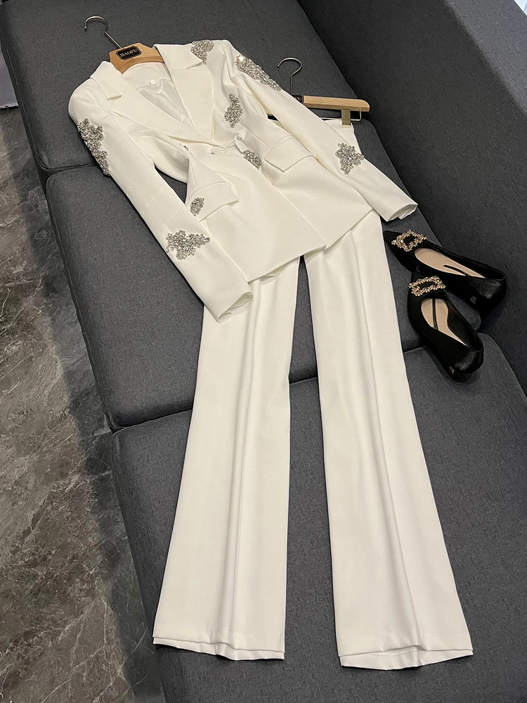 

White Heavy Embellied One Button Suit Set Women's Long Pants Two Piece Set Ele Lady Sle Diamond Embedded A22032