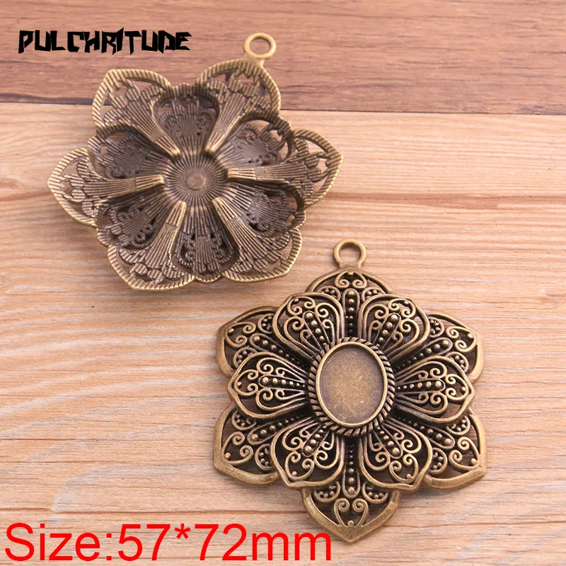 1pcs 13*18mm Inner Size Two Color Double Flower Plant Cabochon Base Setting Charms Pendant For DIY Jewelry Making