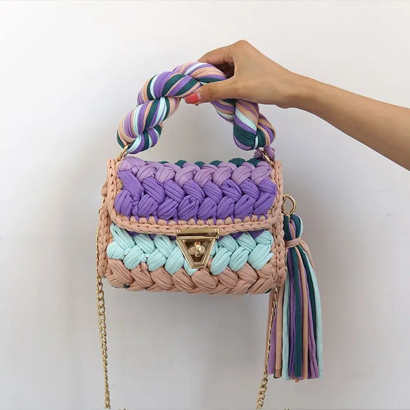 Purple Green Blue Black White Handwoven Crochet Braided Crossbody Bag Color Block Top Handle Purse Gold Chain Strap For Women