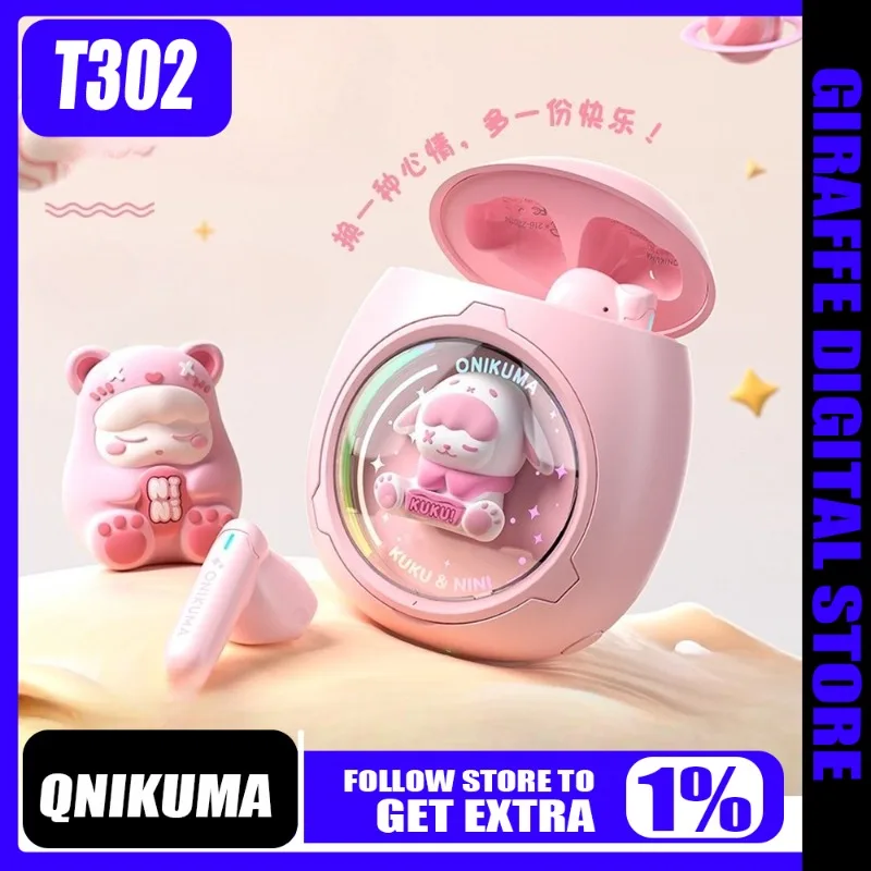 

ONIKUMA T302 новые беспроводные наушники BT 5,4, космическая капсула с милым домашним животным, полувкладыши с шумоподавлением, подарок для музыки/спорта/игр для девочек