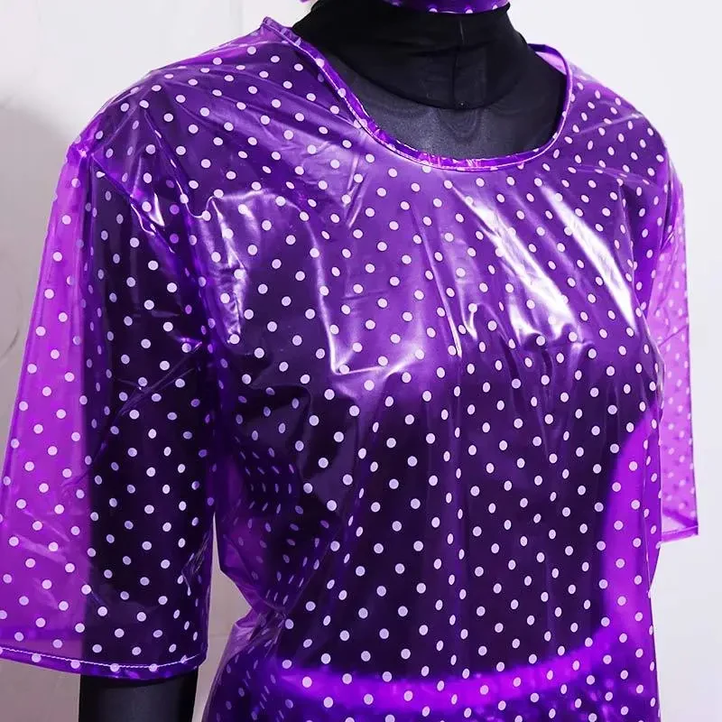 

Womens Round Neck T-shirt ABDL Lantern Pants Sexy Men's Soft Sheer Polka Dot PVC Short Sleeved Loose Pullover Plastic Long Skirt