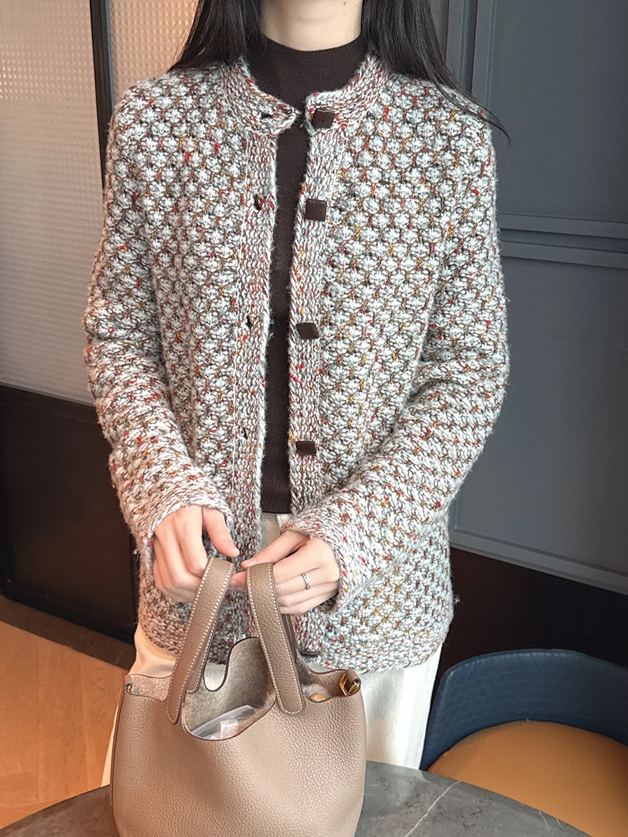 

Silk Blend Camere Thiened Open Cardigan Jaet Retro Button Design Firework Pine Needle Outerwear for Women