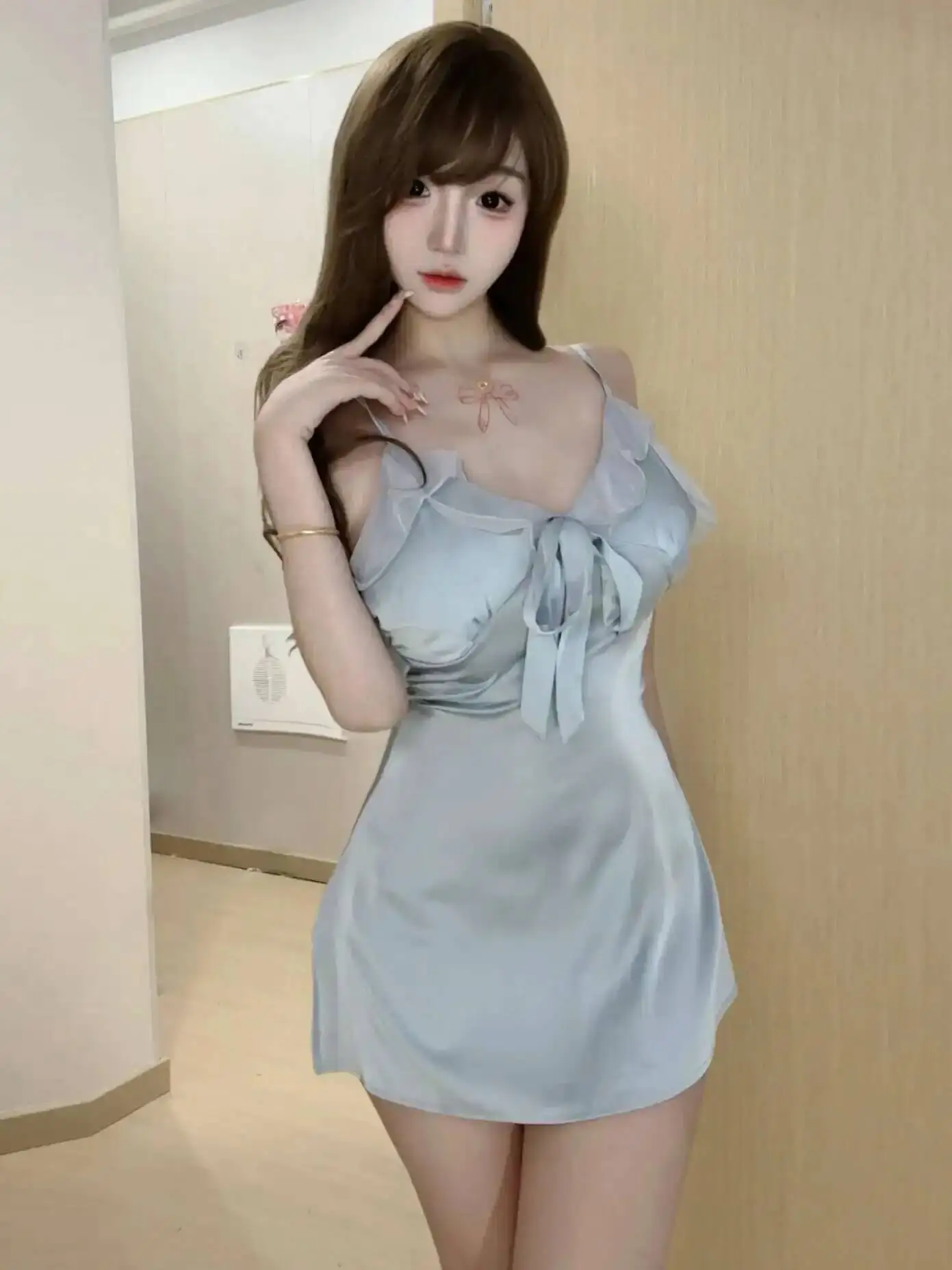 프랑스 스타일 섹시한 Nightdress 여성 딥 브이 넥 탱크 미니 드레스 스트랩 Nightdress 프릴 레이스 나비 드레스 우아한 XVI8