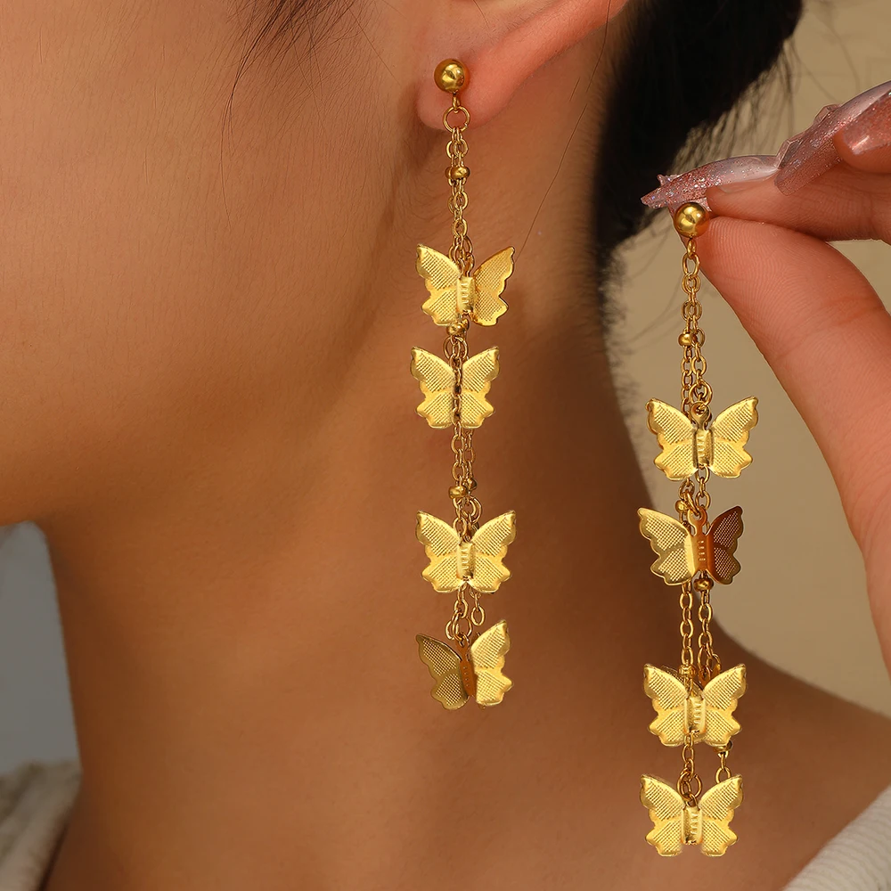 DOTIFI Stainless Steel Exaggerated Hollow Butterfly Tassel Pendant Female Earrings Retro Long Earrings Jewelry Creative Gifts