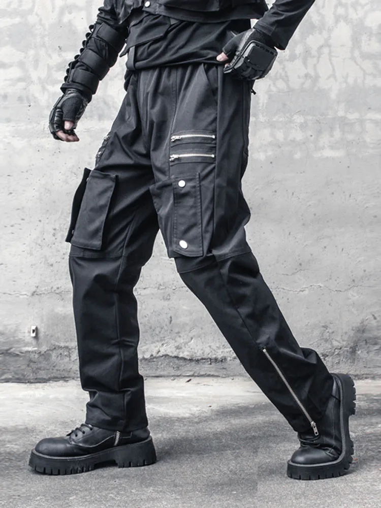 High Street Techwear Style Punk Overalls Dark Multi-Pocket Zipper Design American Straight Loose Casual Pants