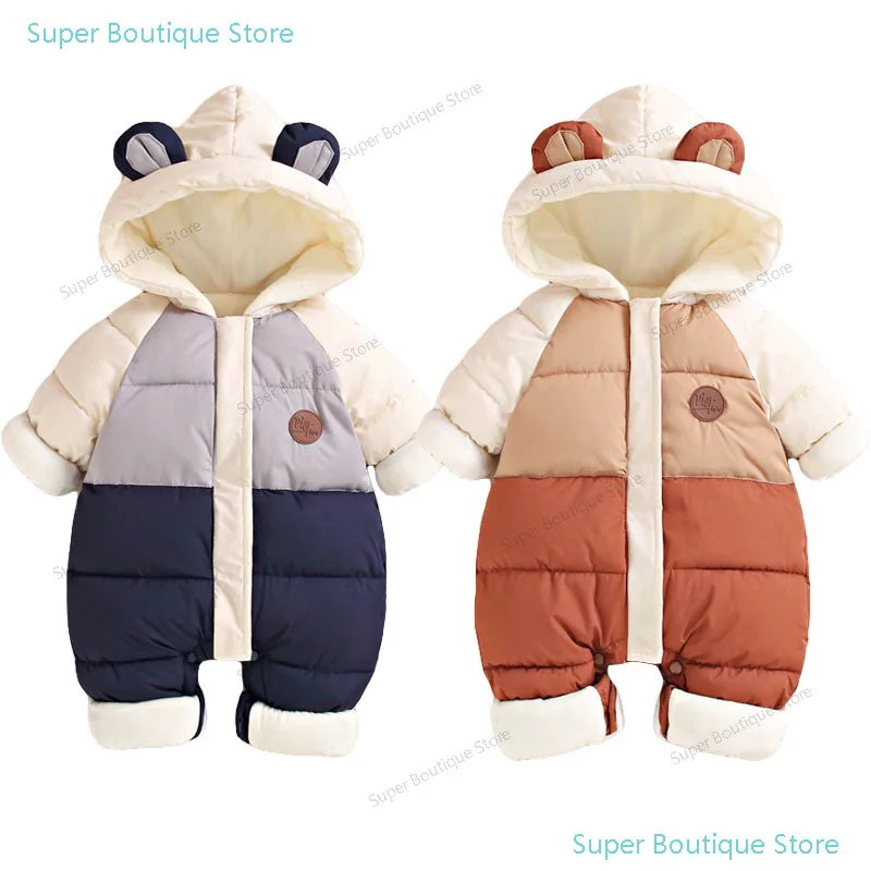 Neue Baby Gepolsterte Warme Strampler Winter Jungen Mädchen Dicke Plus Samt Overalls Winddicht Mit Kapuze Overalls Schneeanzug Einteiliger Body