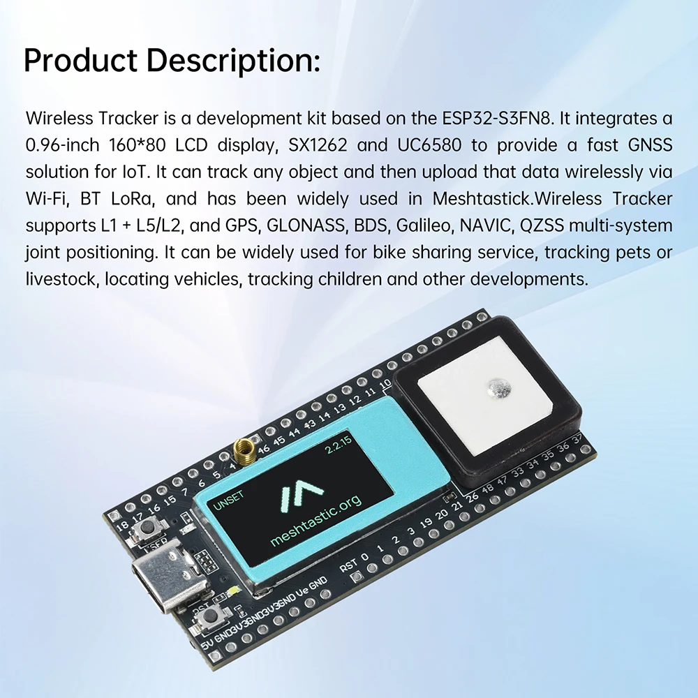 LoRa Wireless Tracker, 0.96-Inch LCD Tracker, Supports Wi-Fi/Bluetooth/LoRa/GNSS/GPS, Suitable for Tracking Vehicles, Etc.