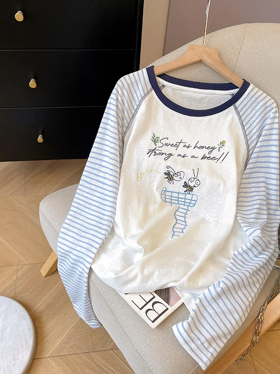 

plus Size Women's Long Sleeve T-Shirt Hand-Drawn Print Shoulder Insertion Striped Summer Sun Protection Casual Cartoon Top