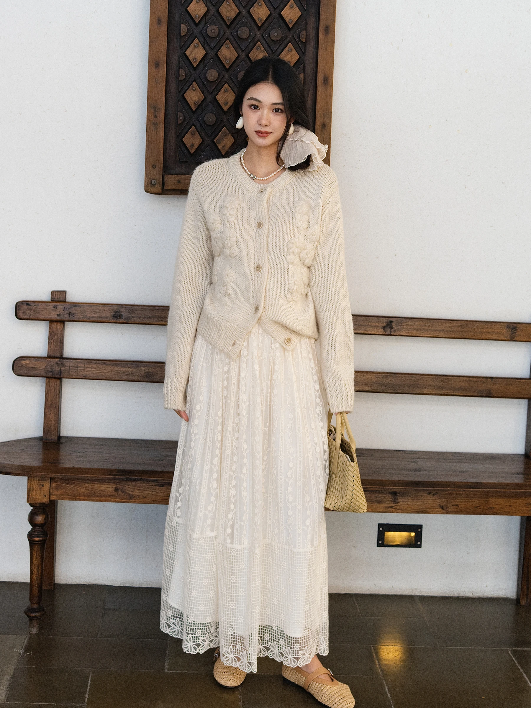 

LAZYZ Новая женская длинная юбка А-силуэта с тяжелой вышивкой и кружевом, весна 2026, нежная, с завышенной талией, облегающая, в корейском стиле