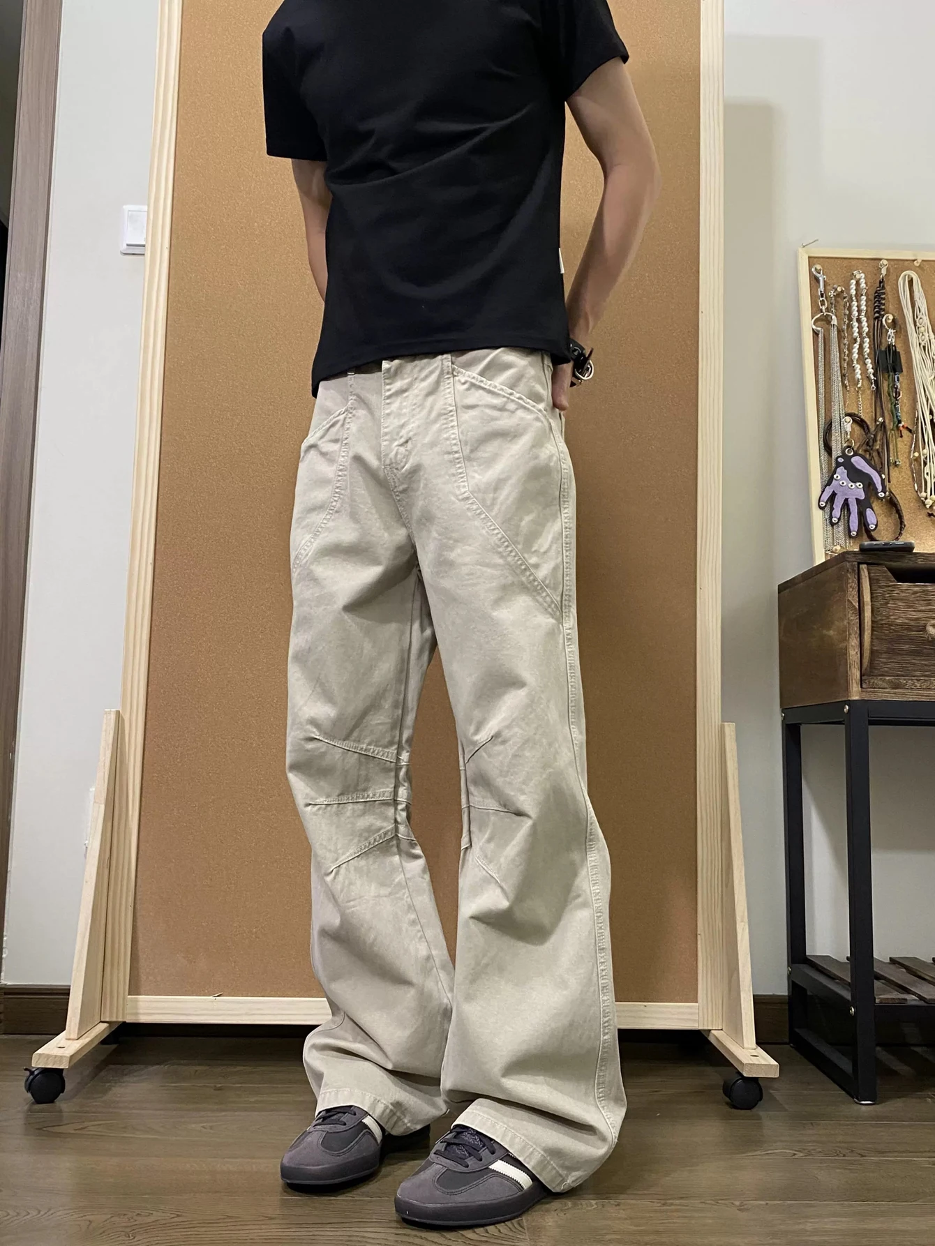 بنطلون عمل أمريكي بتصميم مطوي وقصة مستقيمة للرجال، فضفاض ومتعدد الاستخدامات، بنطلون عمل مستقيم بتصميم أنيق، ملابس كاجوال للراحة