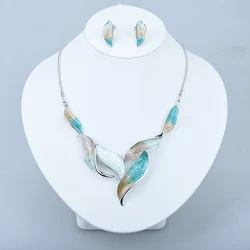 ICEYY New Design Fashion Art Painting Resin Leaf Collar Necklace Earrings jewelry Set for women Party Gifts