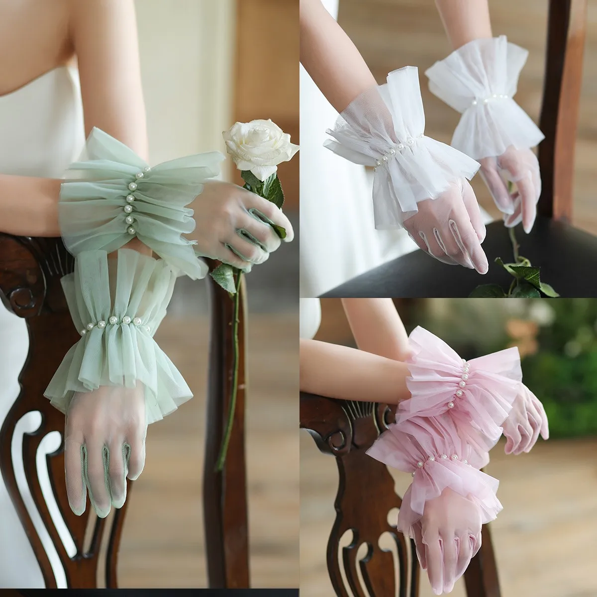 

Bridal wedding dress with large cuffs and ruffled edges, colorful green, pink, beige, multi colored sewn bead gloves