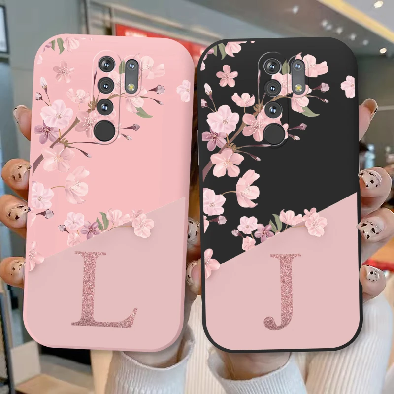 Initial Letter A Z Case For Redmi 9 Cover Pink Flower Soft Silicone Back Funda For Xiaomi Redmi9 Coque Bumper Couple Best Friend