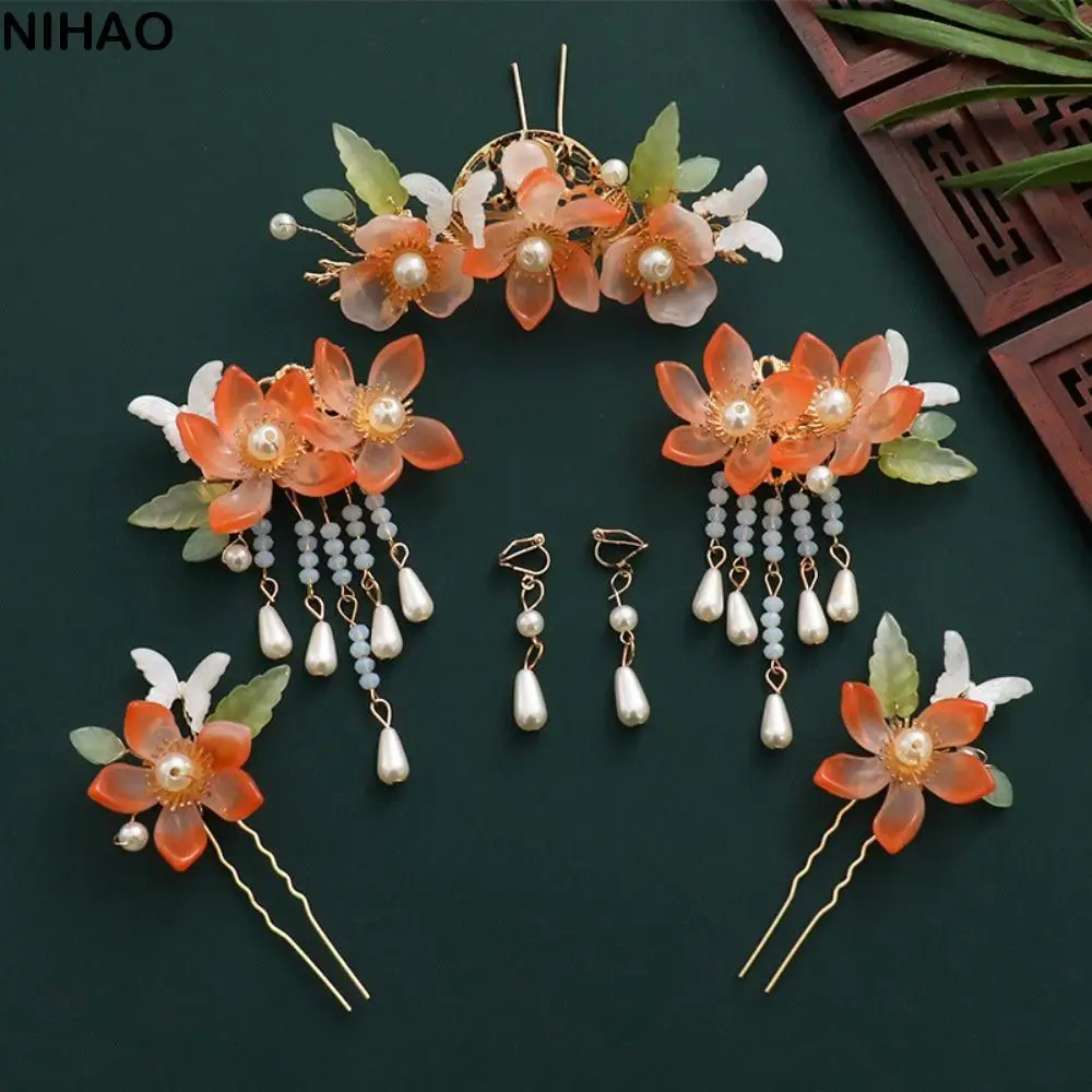 Flower Chinese Style Hairpin Set Tassel Earring Hanfu Hair Stick Hair Sticks for Buns Hanfu Headwear Hair Sticks for Long Hair