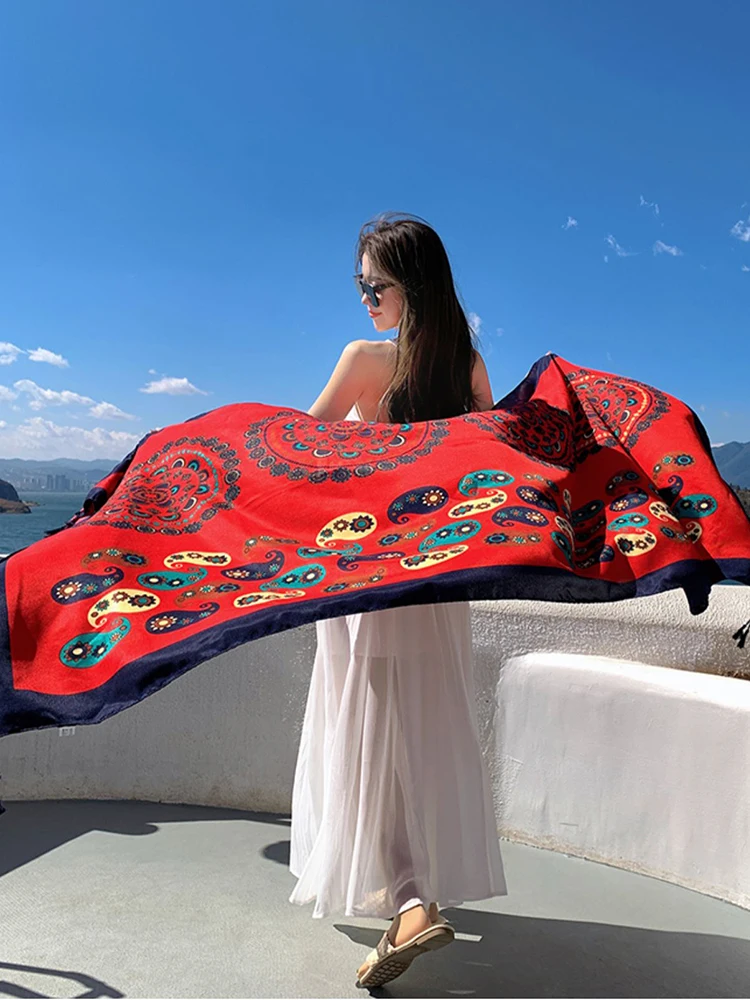 New Summer Elegant Women Silk Scarf Beach Wrap Shawl Vintage Red Print Lady Sunscreen Bandana Long Hijab Mujer Boho Scarve Pareo