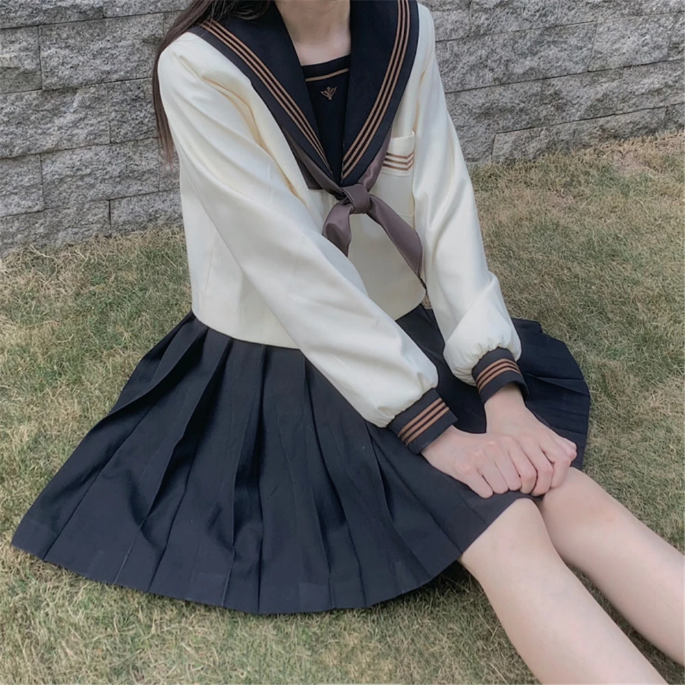 Japanese School Uniform JK Uniform Girl S-XXL Navy JK Brown Scarf College Suit Sailor Costume Women Sexy Shirt Pleated Skirt