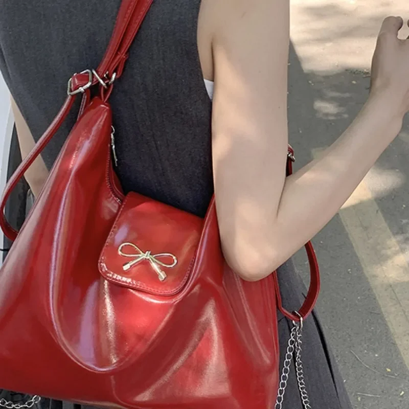 Fashion Bow Wine Red Single Shoulder Crossbody Bags 2024 New Trendy Niche Underarm Coin Purses Solid Versatile Female Handbags