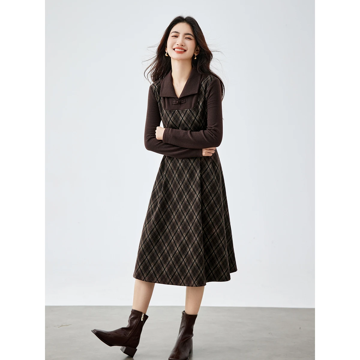 VIMLY Mock Two-Piece Women's 2025 Autumn New Chinese Style Lapel Plaid Pattern A-Line Elegant Office Lady Long Dresses A3177