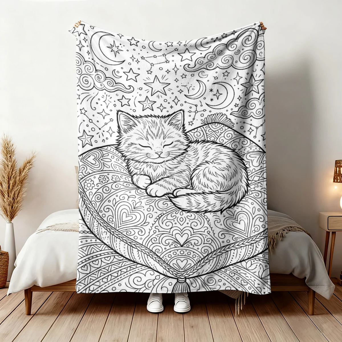 Healing Hand-Drawn Style Flannel Printed Blanket, Sleeping Cat Starry Sky Theme Coloring Style Cover, Delicate Outline Artistic