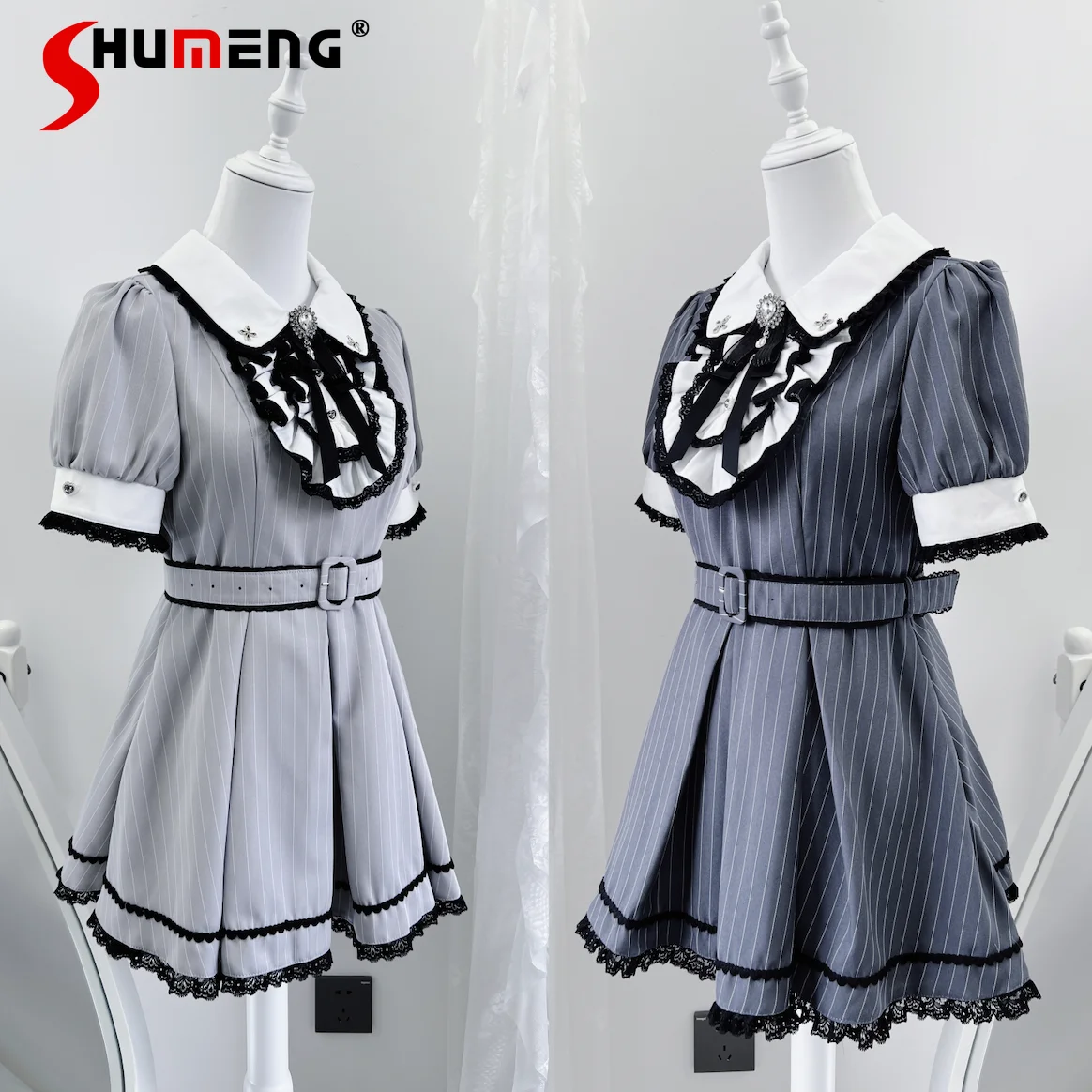 

Japanese Subculture Lace Splicing Doll Collar Bubble Sleeve Belt Slim Mini Dress Elastic High Waist Shorts Two-piece Sets Women