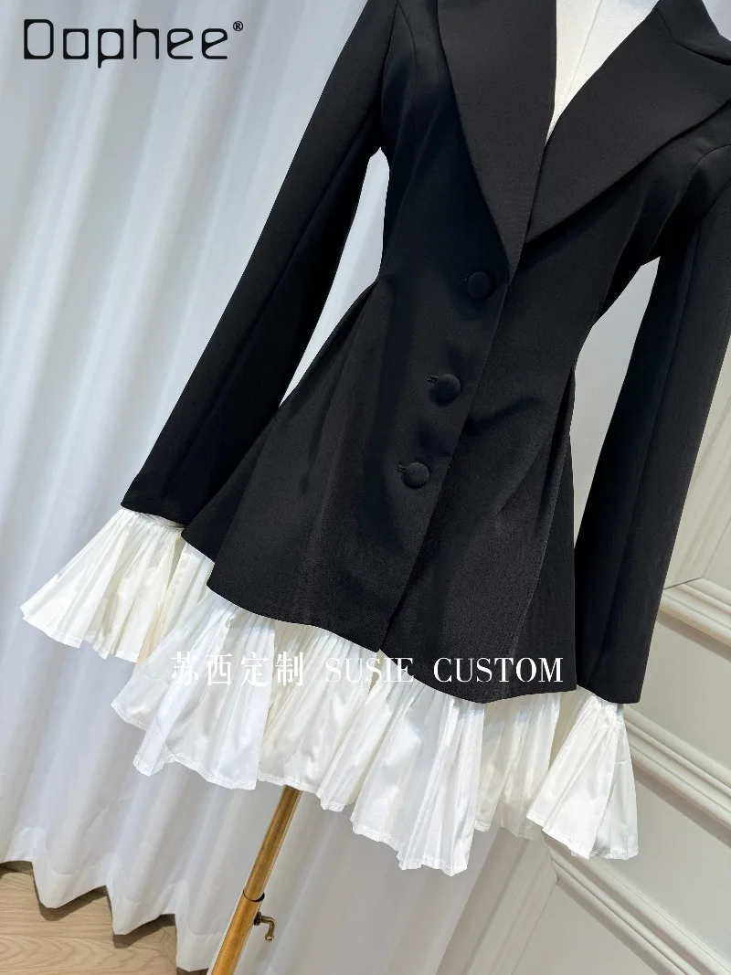 French Elegant Socialite Blazer Hepburn Style Fashion Ruffled Trim Patchwork Long Sleeve Cross Collar Slim Mid-Length Blazer