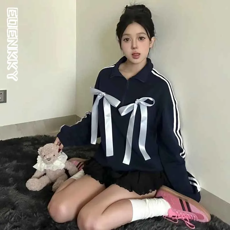 Detachable Bow Hoodie Women Y2k Sweet Harajuk Casual Stripe College Sweatshirts Korea Loose Zipper Cardigan Jacket Female Spring