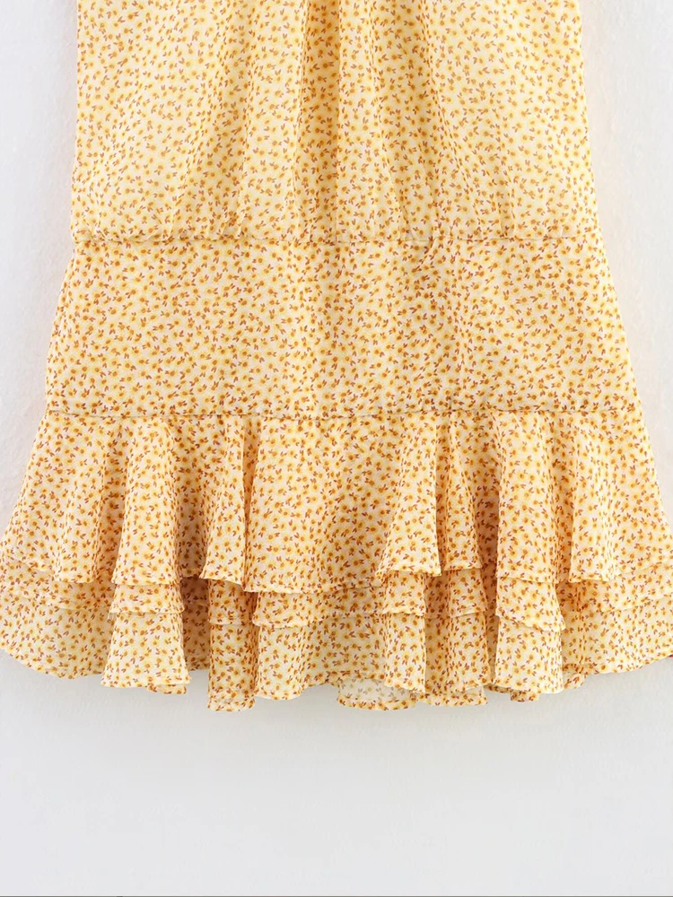 Estilo europeu nova moda feminina versátil temperamento em camadas halter pescoço vestido estampado saia curta