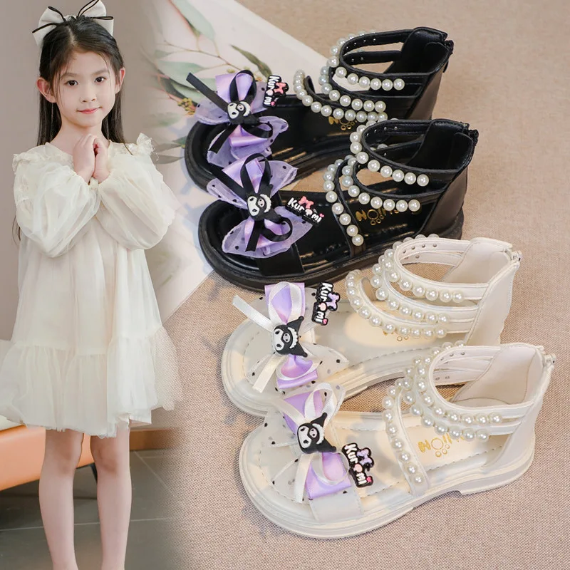 

Children's Sandals Summer Bowtie Princess Shoes for Girls Fashion Sweet Kids Causal Pearl Roman Sandals Solid Color Hook Loop