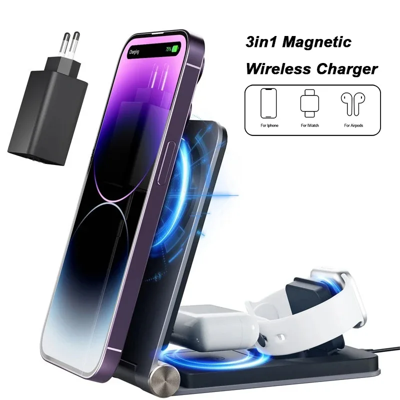 

T7 3 in 1 Foldable Magnetic Wireless Charger Desktop Fast Charging Dock Stand For Apple Iphone 15 14 13 12 ProMax Airpods iWatch