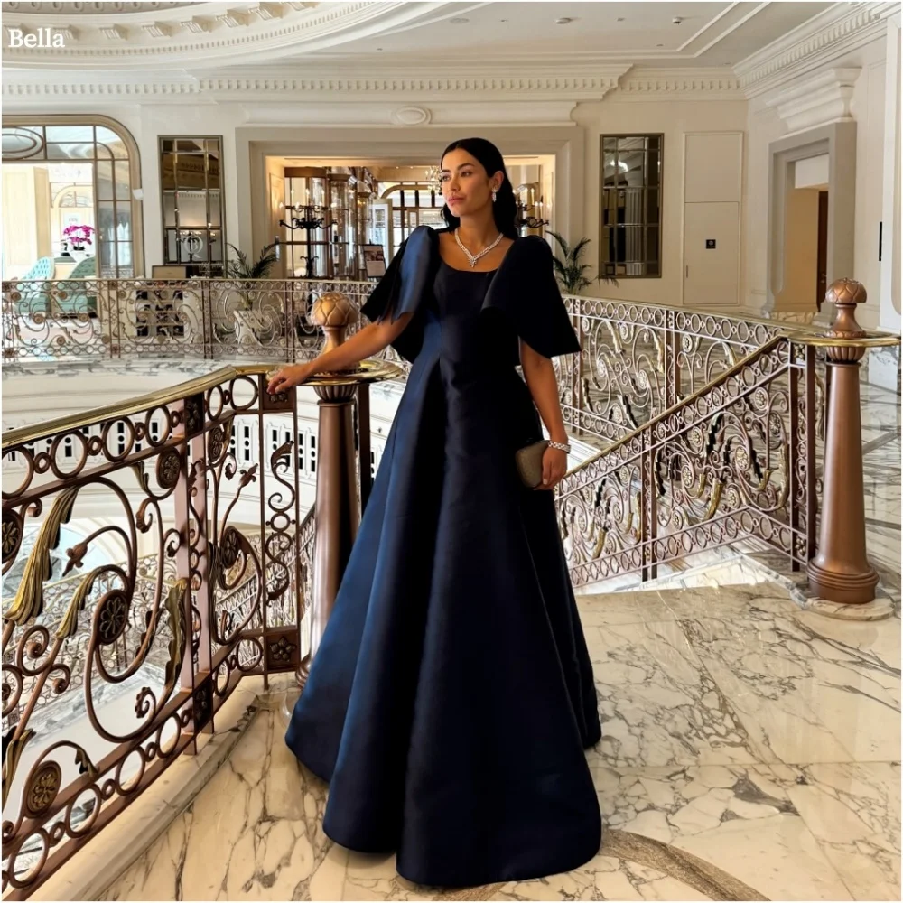 

Bella Customized Navy Blue With a Shawl Square Collar robes de soirée A-line Satin Party Dresses Floor-Length Prom Dress 2025