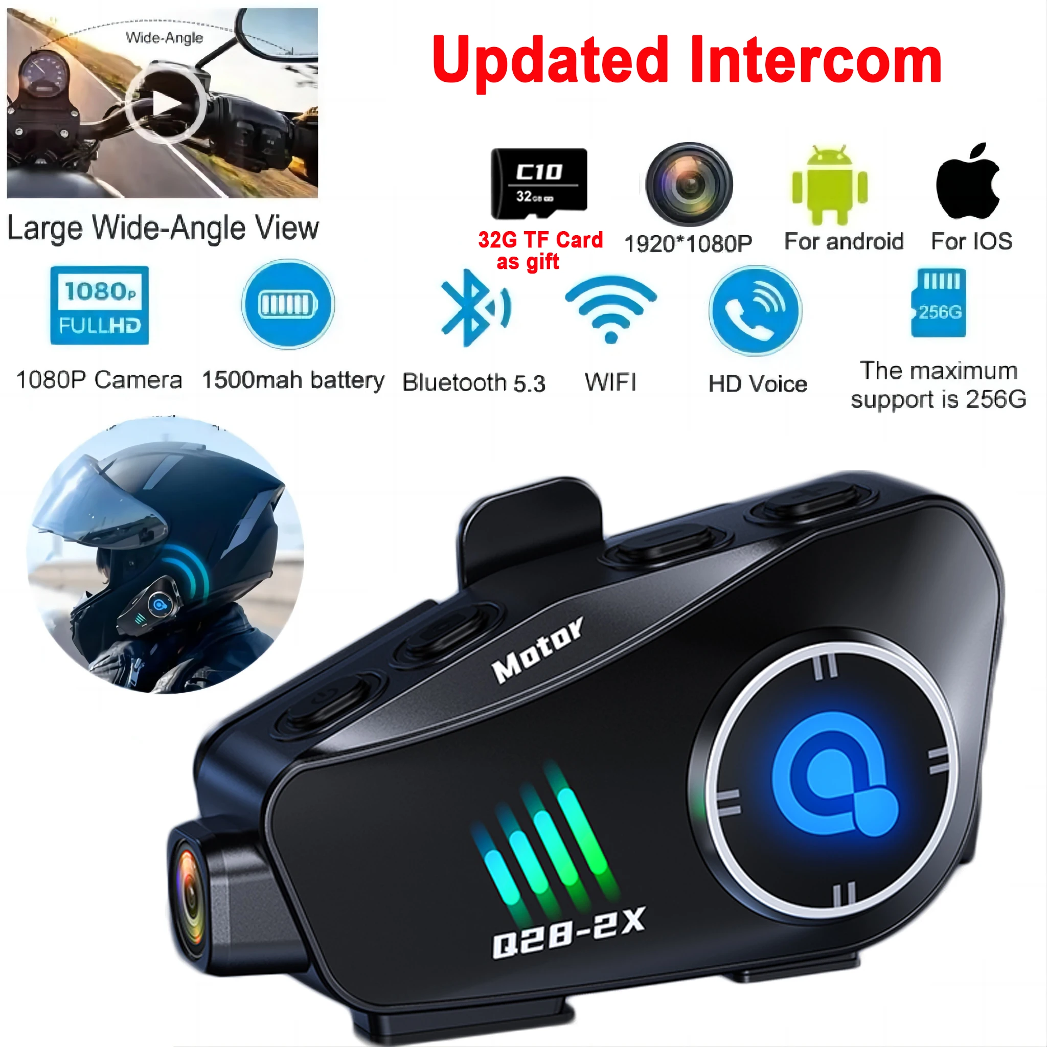 

Motorcycle Helmet Bluetooth Intercom 1080P Video Dashcam Wireless Bluetooth WiFi Video Recorder 1000M Distance Interphone