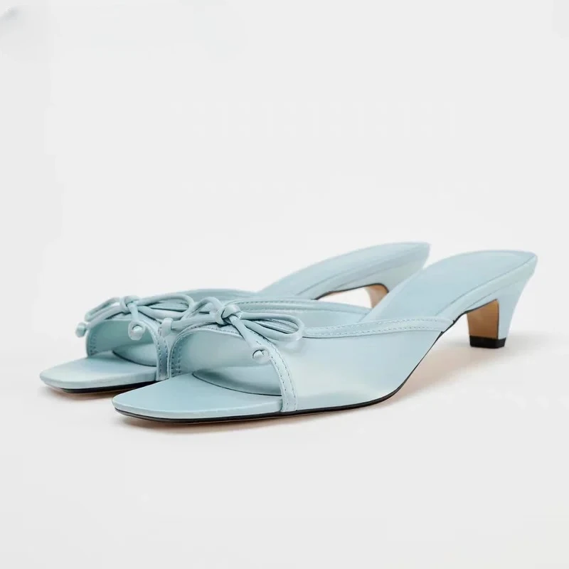 

Летние женские тапочки с открытым носком и узлом-бабочкой, модные вечерние туфли-лодочки на толстом низком каблуке, туфли-лодочки без шнуровки