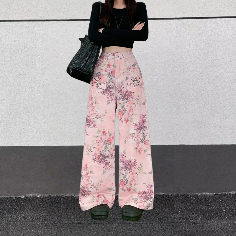2025, Trend Y2K-Stil, Blumen, bedruckt, rosa Baggy-Damenjeans, Hosen, Damenbekleidung, koreanische lässige Baumwolle, lange Hosen, Ropa Mujer