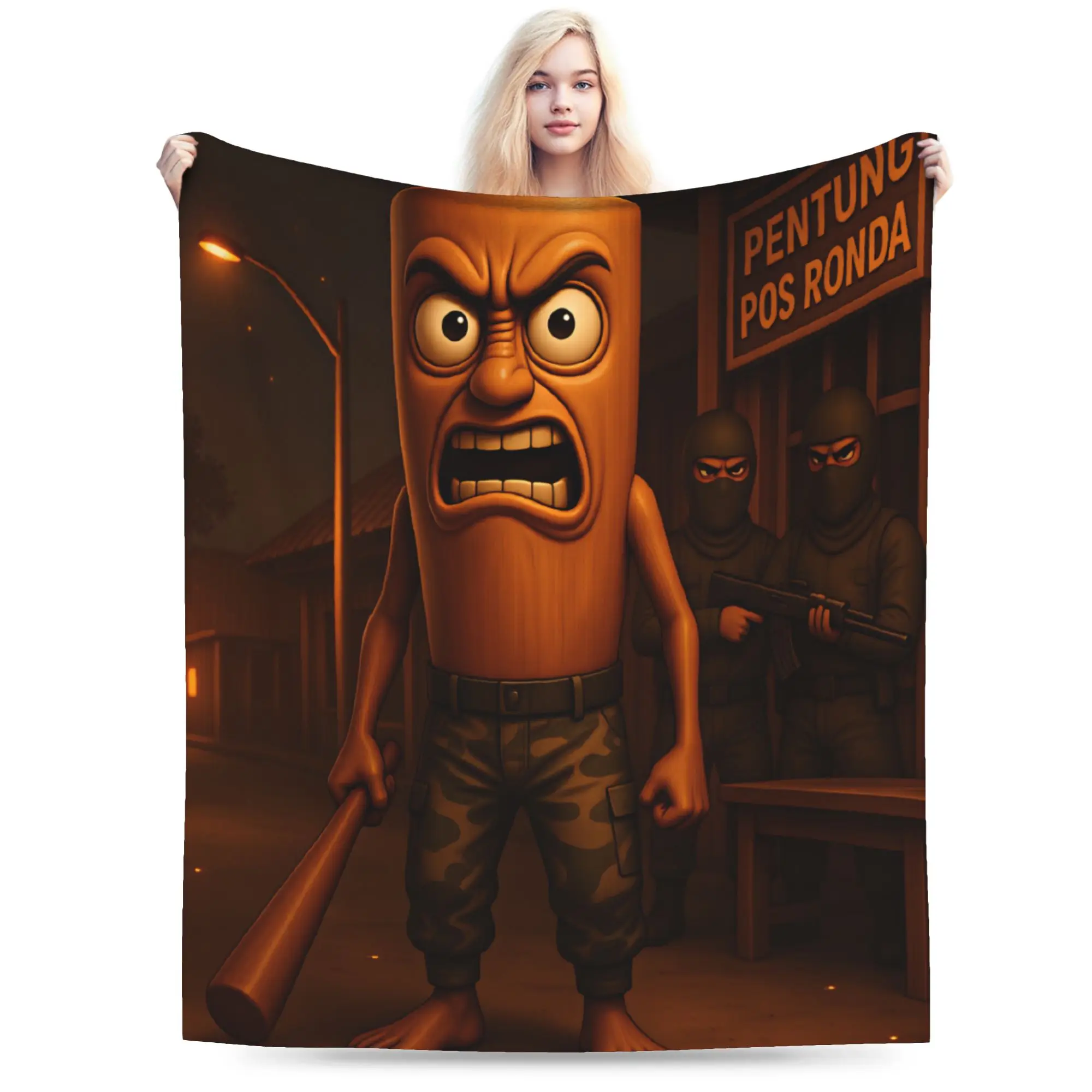 Tung Tung Sahur Angry Military Camo Cozy Blanket  Casual Picnic Throw Blanket Home Decor Flannel Bedspread Sofa Bed Cover