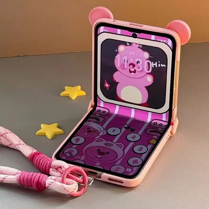 Cute Pink Ears Portable Lanyard Phone Case For Motorola MOTO RAZR 40 Ultra 50 Ultra 60 Pro Razr Plus 2025 2024 2023 Hinge Cover