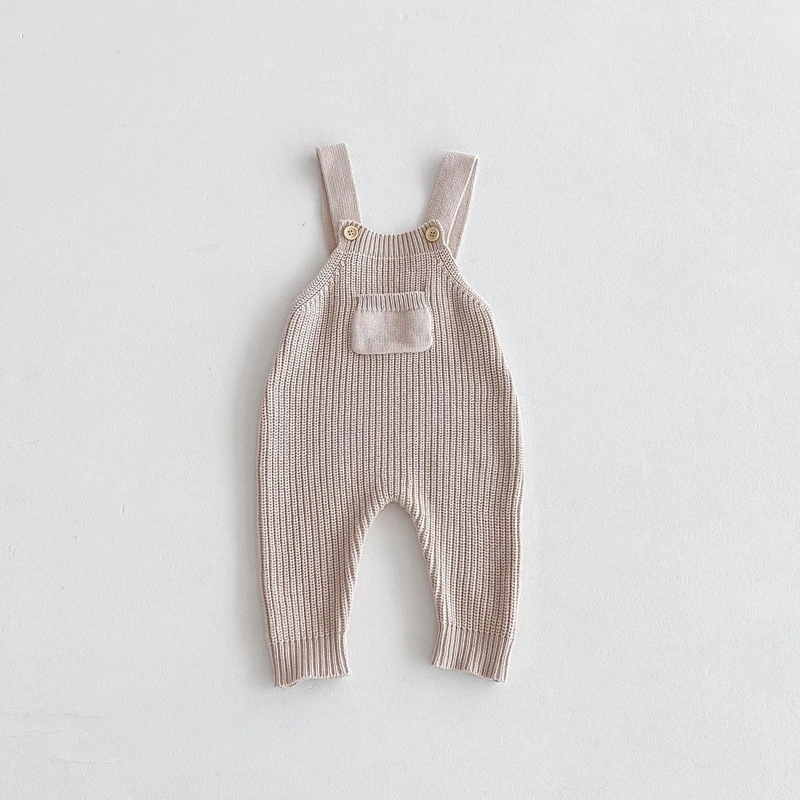 Suefunskry Cute Baby Boys Girls Overalls Sleeveless Front Pocket Solid Color Straps Rompers Newborn Knitted Outfit