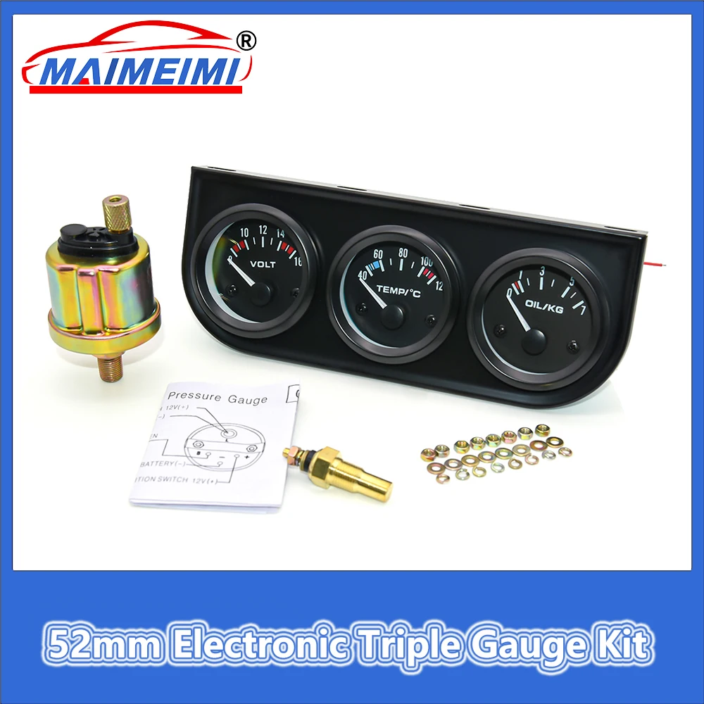 

Water Temperature Gauge+Oil Pressure Gauge+Voltmeter 52mm Electronic Triple Gauge Kit with sensor