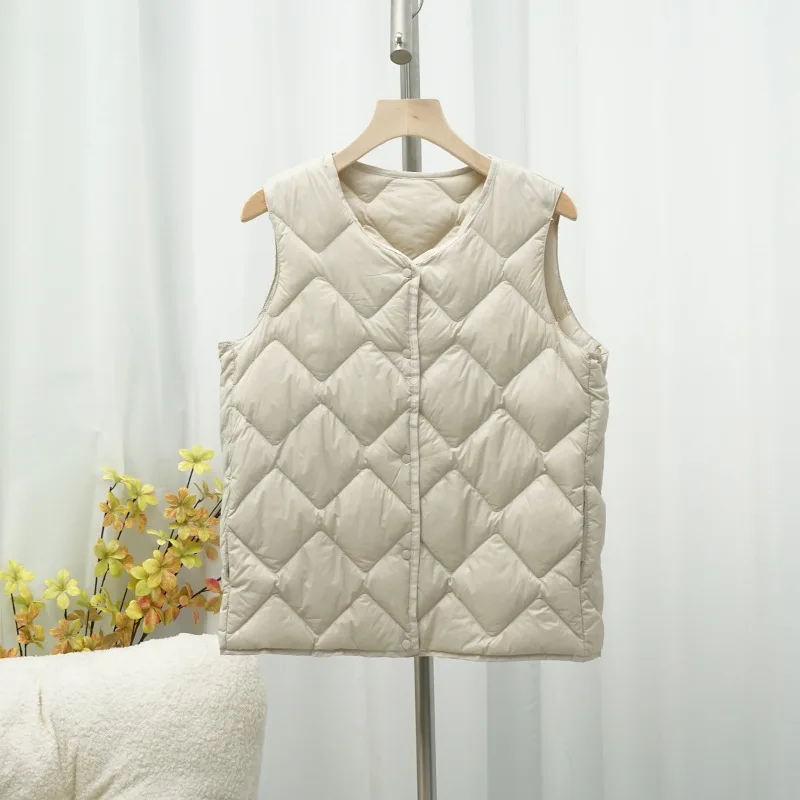 Women Ultralight White Duck Down Long Vest Sleeveless Jacket Argyle Autumn Winter 2023 New Chinese and Korean Fashion